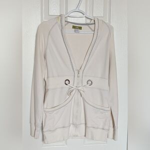 Women's (Size M) Long Off-White Zip-Up Hoodie/Jacket With Grey Trim & Drawstring